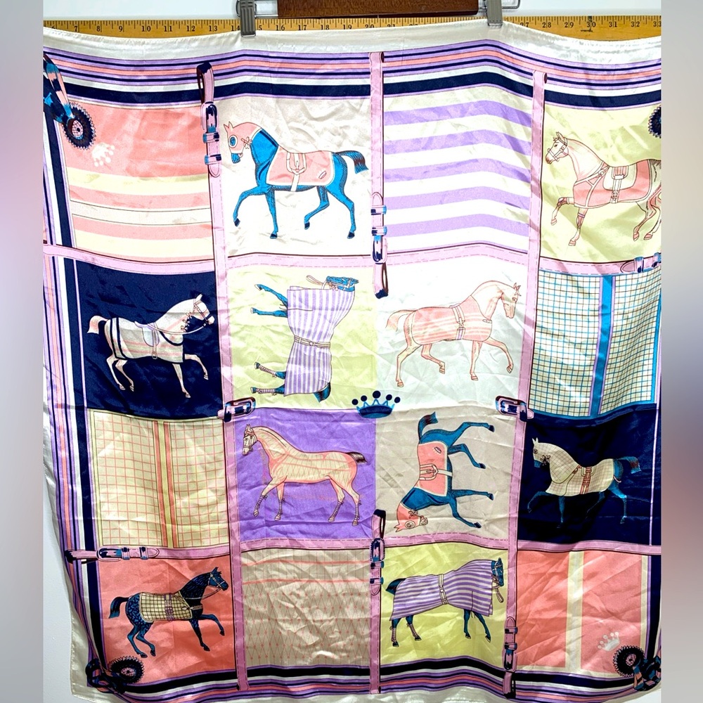 Equestrian Horse Scarf 35” X 35” Pastel English Riding Satin Classy Derby